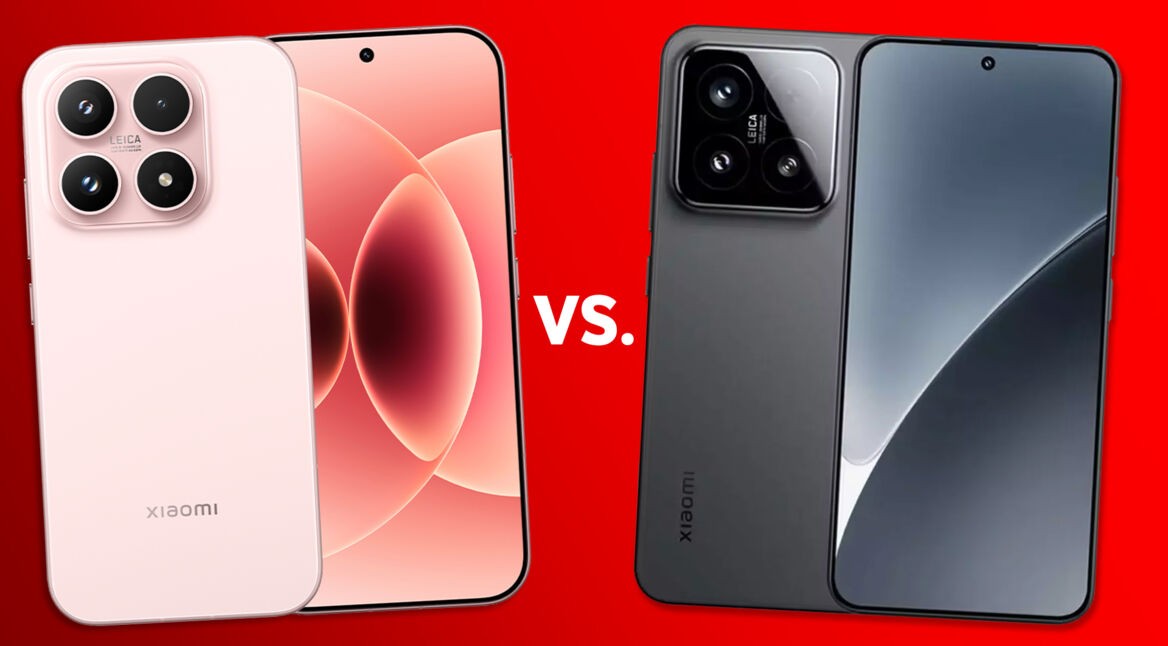 Das Bild zeigt die Rückseiten der Smartphones Xiaomi 17 und 15 vor rotem Hintergrund.