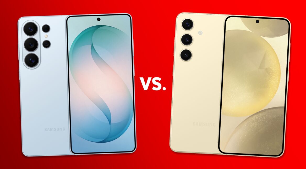 Das Samsung Galaxy S26 in der Farbe Sky Blue und das Galaxy S24 in der Farbe Amber Yellow nebeneinander vor rotem Hintergrund.