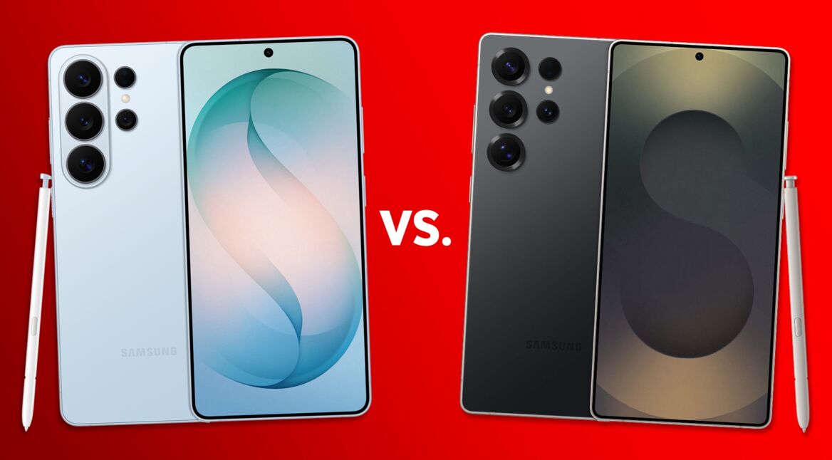 Das Samsung Galaxy S26 Ultra in der Farbe Sky Blue und das Samsung Galaxy S25 Ultra in der Farbe Titanium Black vor rotem Hintergrund.