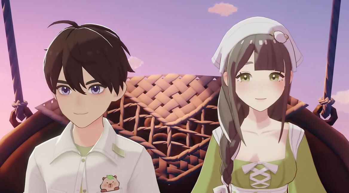 Die Heiratskandidatin Pastelle steht neben einem männlichen Spielercharakter in Starsand Island.