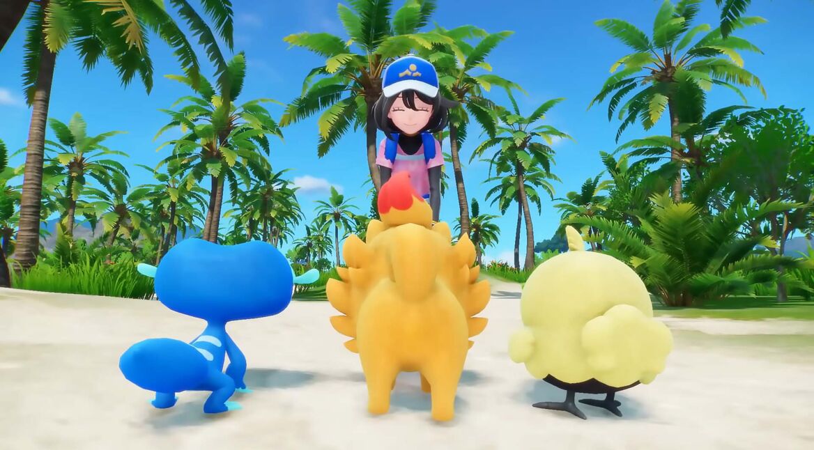 Die drei Starter-Pokémon Braubel, Pomfifi und Gekkua aus „Pokémon Wind & Welle“ stehen von hinten vor einer Trainerin auf einem tropischen Strand mit Palmen.
