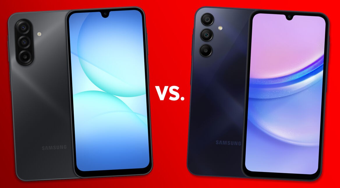 Das Galaxy A17 ist in dunklem Grau links, das Galaxy A15 ist mit dunkelblauem Gehäuse rechts zu sehen.