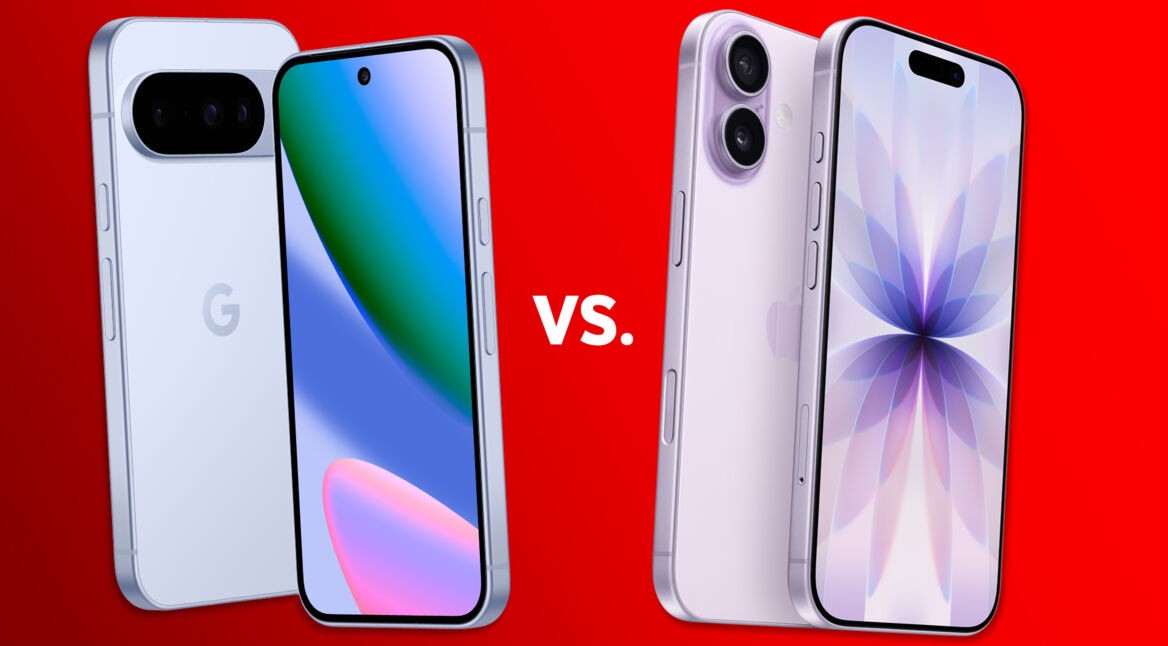 Das Pixel 10 in Blau ist links und das iPhone 17 in Lila ist recht zu sehen.