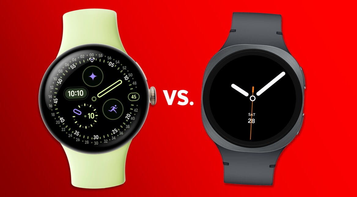 Die Pixel Watch 4 in Gelb ist links, die Galaxy Watch8 in Grau ist rechts zu sehen.