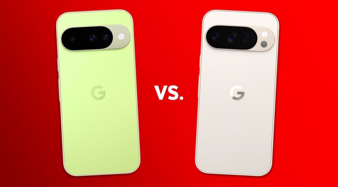 Das Pixel 10 in Hellgrün ist links, das Pixel 10 Pro in Weiß rechts zu sehen; mit einem VS-Schriftzug zwischen den Modellen.