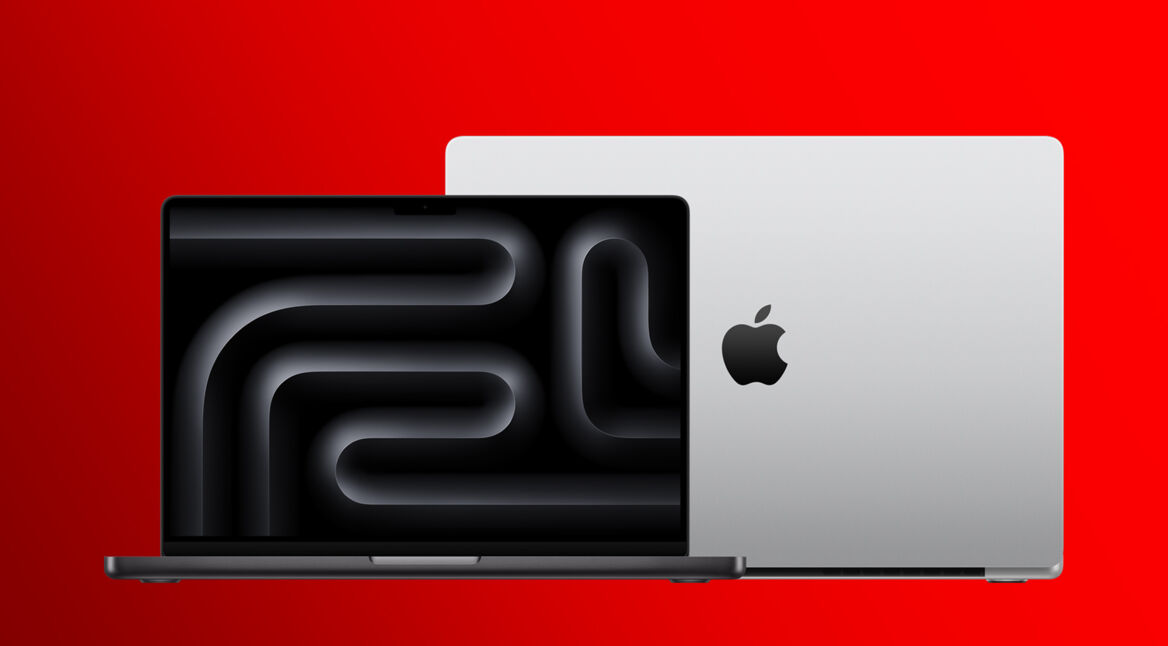 Zwei MacBook Pro Modelle in Space Schwarz und Silber vor rotem Hintergrund als Sinnbild für Apple M-Chips