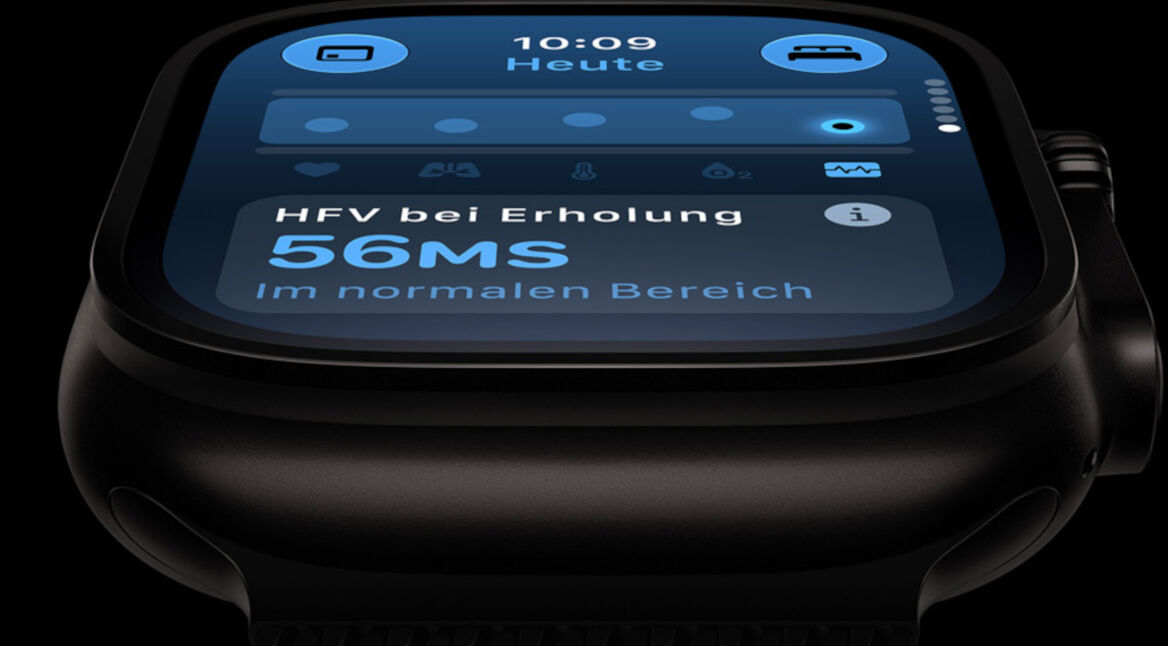 Apple Watch Ultra 4 vor schwarzem Hintergrund, auf dem Display Herzfrequenzmessung