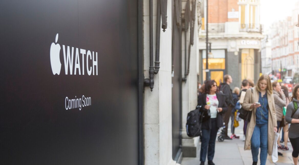 LONDON, UK - APRIL 08, 2015: Apple Watch store sign at Selfridge