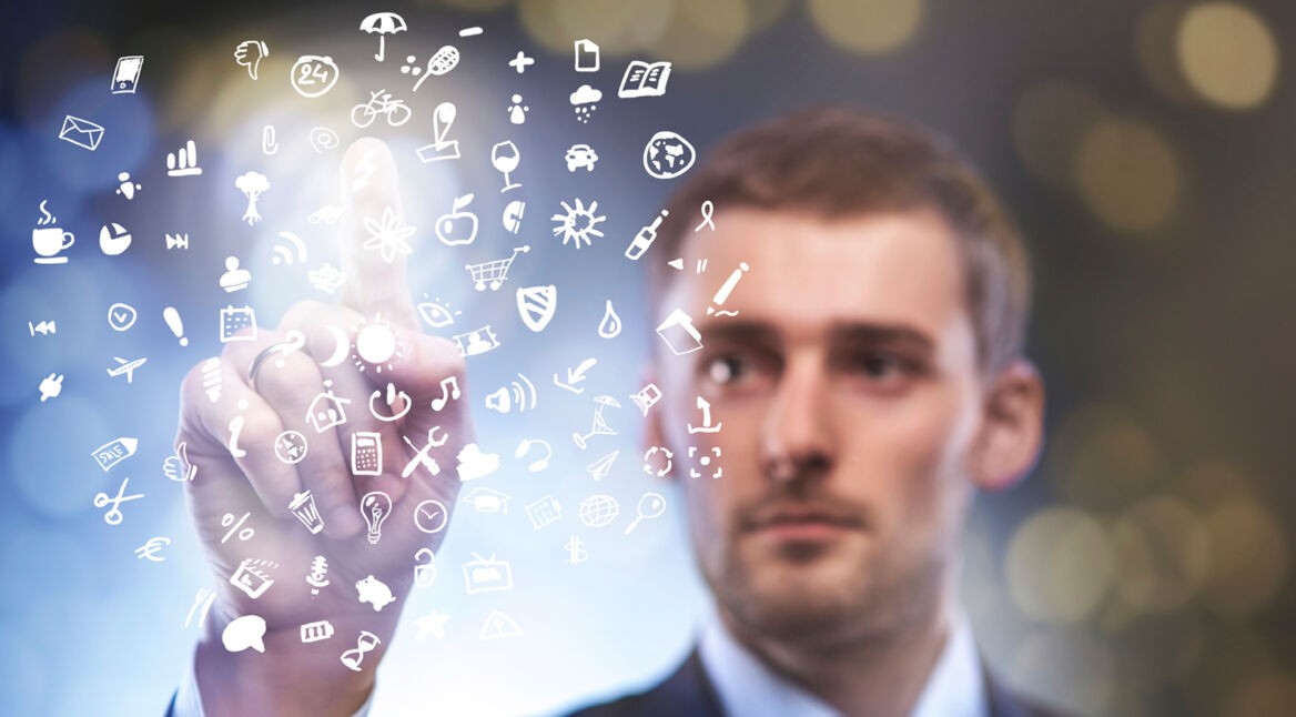 business man pressing button with icons