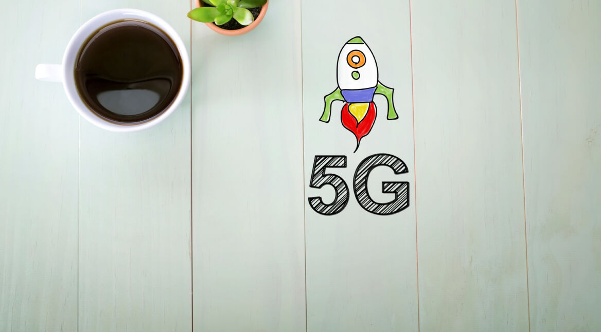 5G concept with a cup of coffee