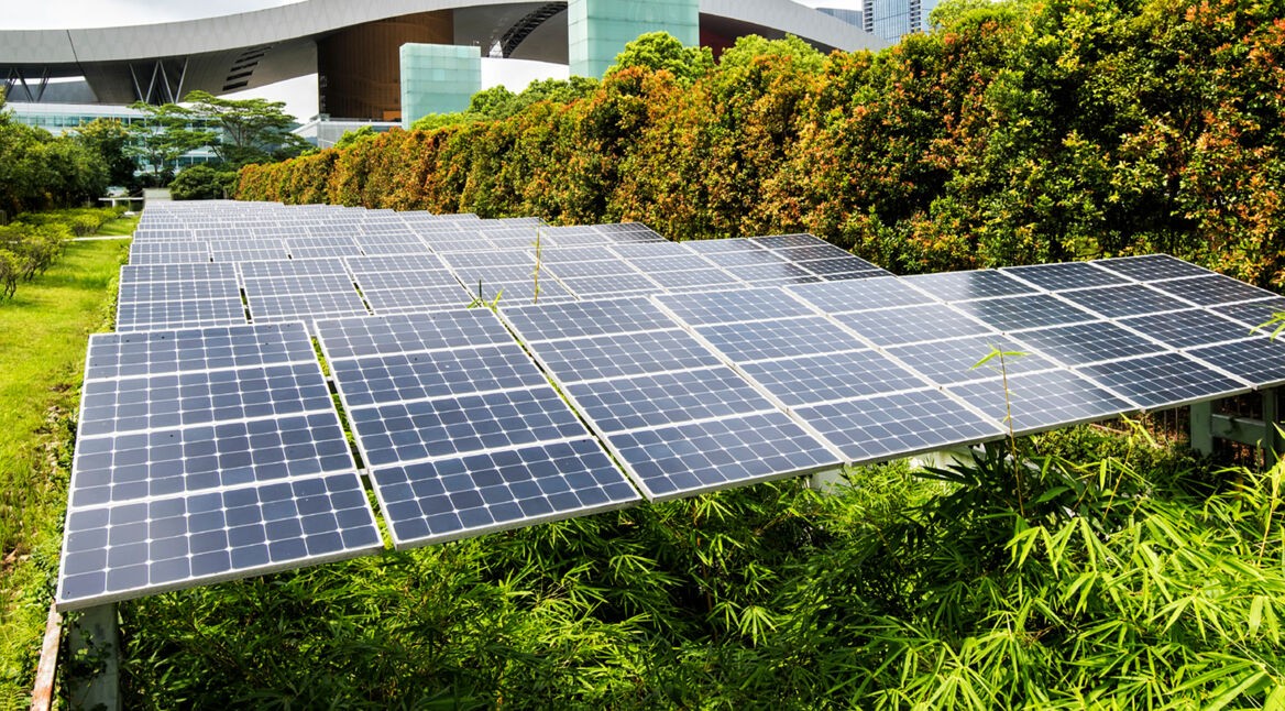 Solar Panels In The Park Of Modern City