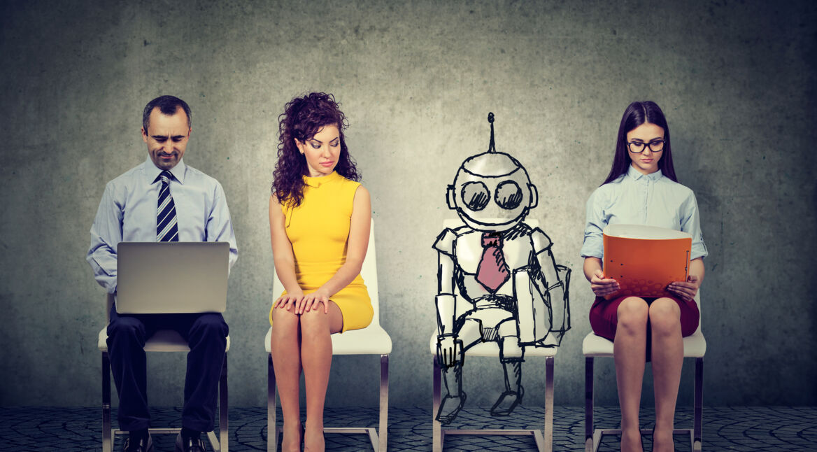 Cartoon robot sitting in line with applicants for a job interview