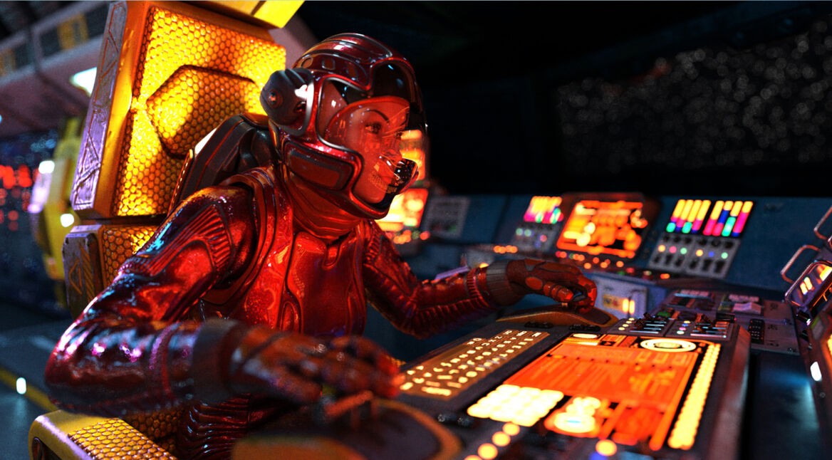 Weiblicher Kapitän steuert ein Raumschiff