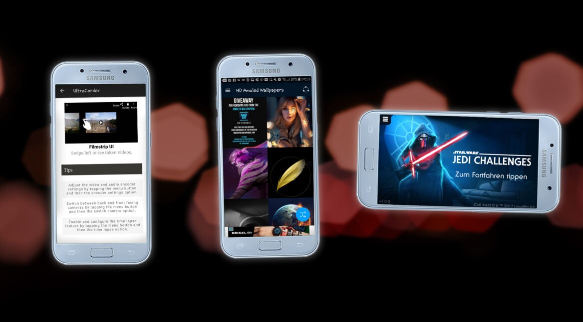 Screenshots der Apps UltraCorder, HD Amoled Wallpapers und Jedi Challenges