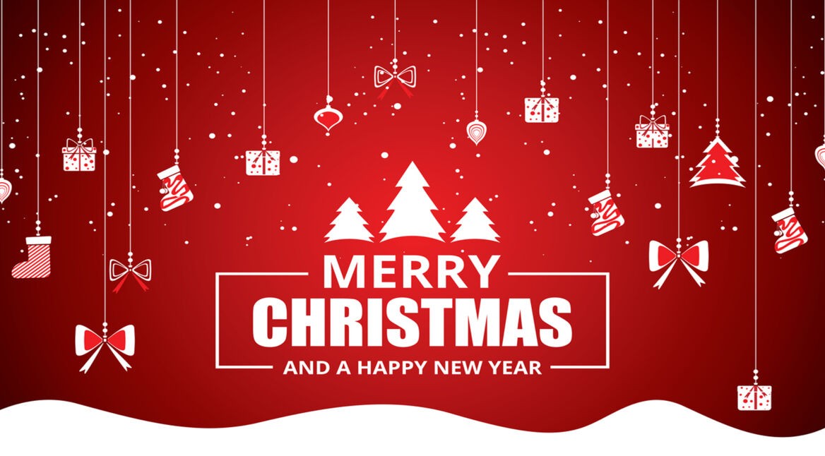 Christmas elements hanging red background