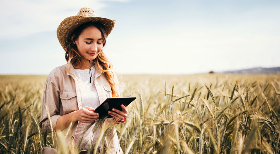 Junge Bäuerin steht mit Tablet in der Hand auf dem Feld.