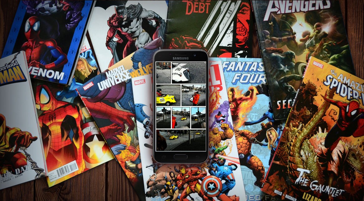Samsung-Smartphone mit Screenshot von Storyboard auf lauter Comicheften