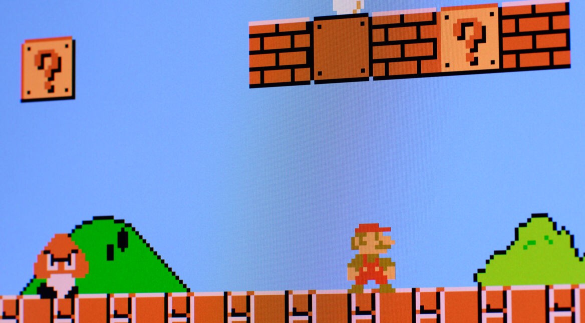 Close up of vintage classic videogame on computer monitor