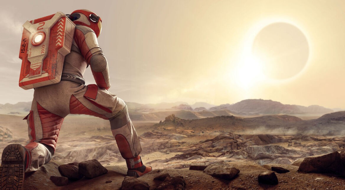 Ein Astronaut erkundet einen fremden Planeten.