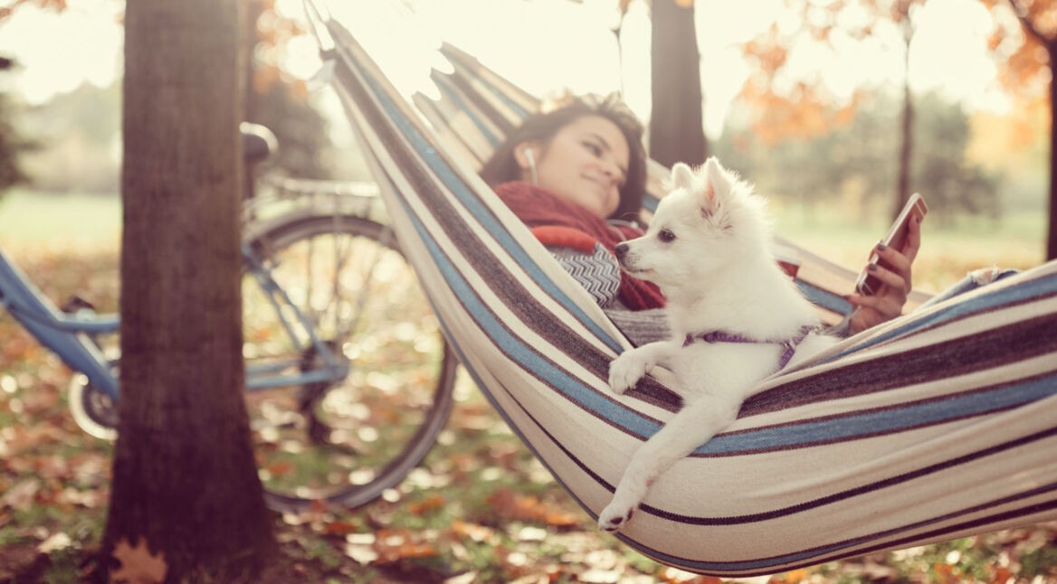 Weißer Hund und junge Frau liegen in der Hängematte.