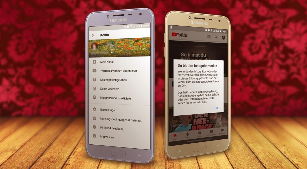YouTubes Inkognitomodus auf einem Samsung-Smartphone.