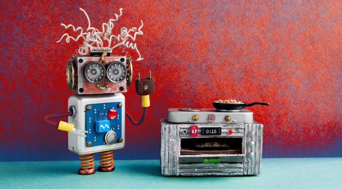 Robotic chef preparing meal frying pan, electronic stove oven. Creative design robot toy, automation smart home concept. Red blue wall, green floor background