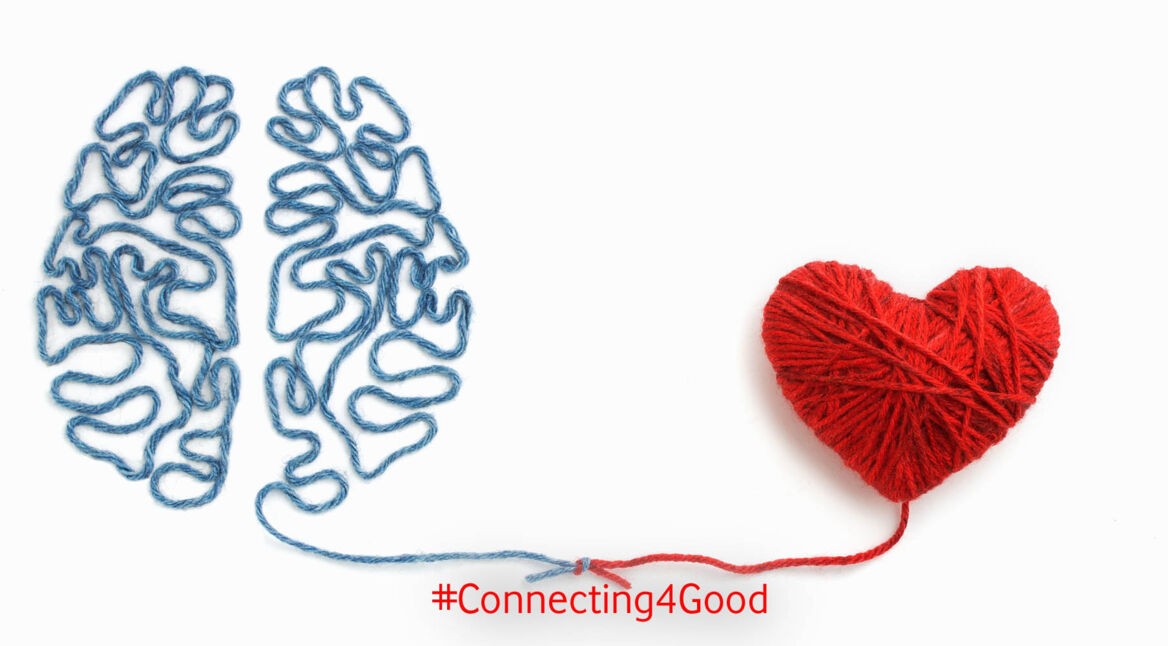 Heart and brain connected by a knot on a white background