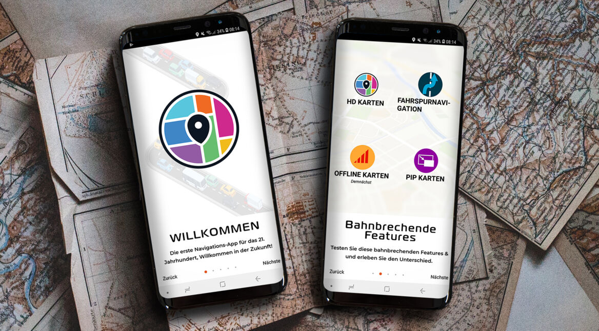 Die Navi-App Live Roads in deutscher Sprache.
