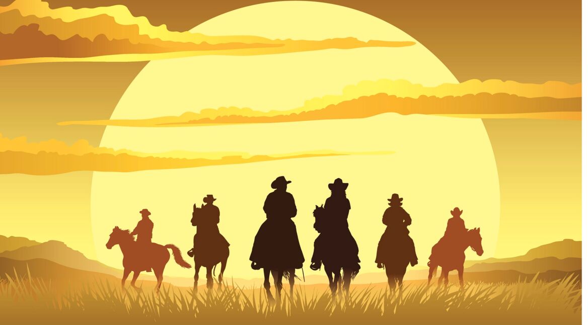 Eine Gruppe Cowboys reitet durch die Wüste auf der Suche nach dem nächsten Abenteuer