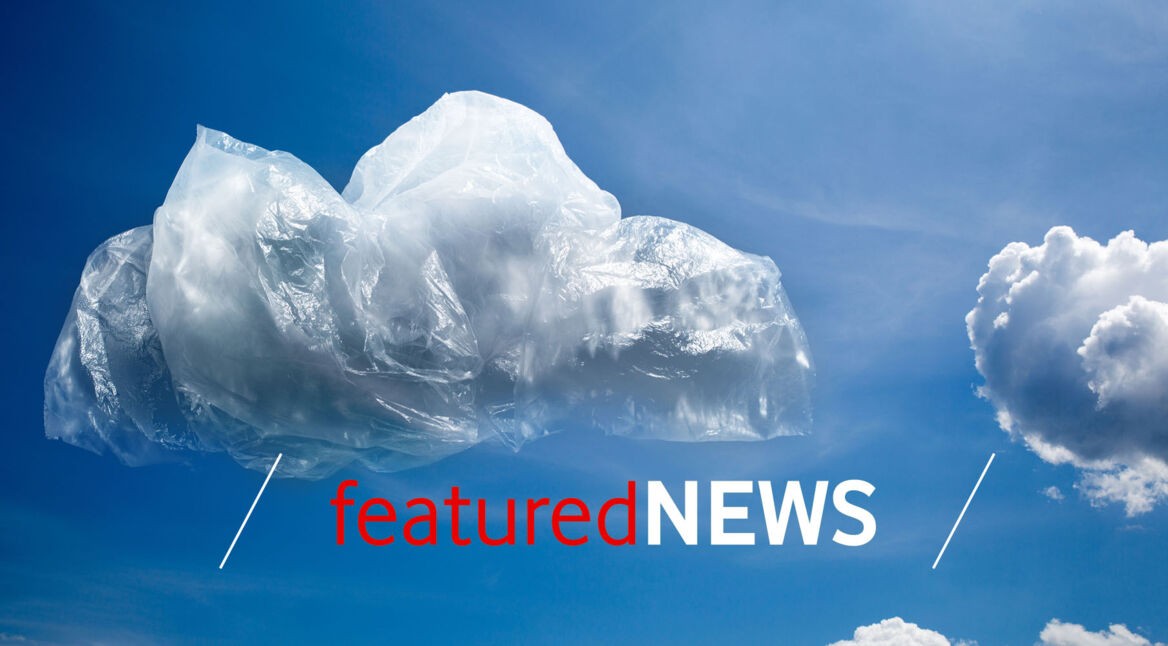 Plastic cloud in the blue sky. The problem of pollution of the planet concept