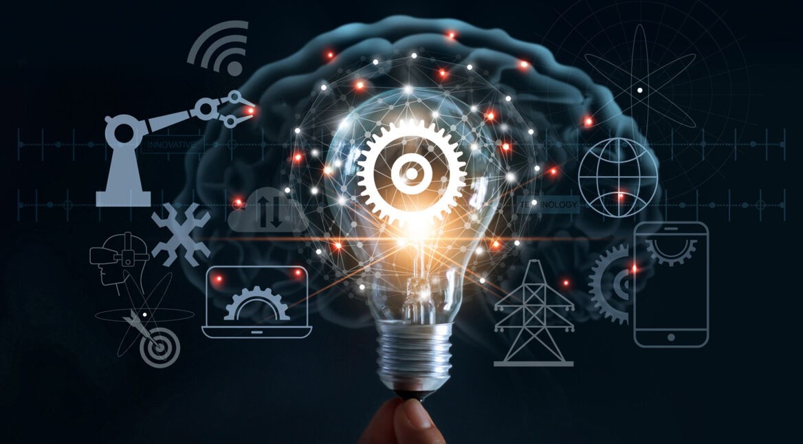 Hand holding light bulb and cog inside and innovation icon network connection on brain background, innovative technology in science and industrial concept