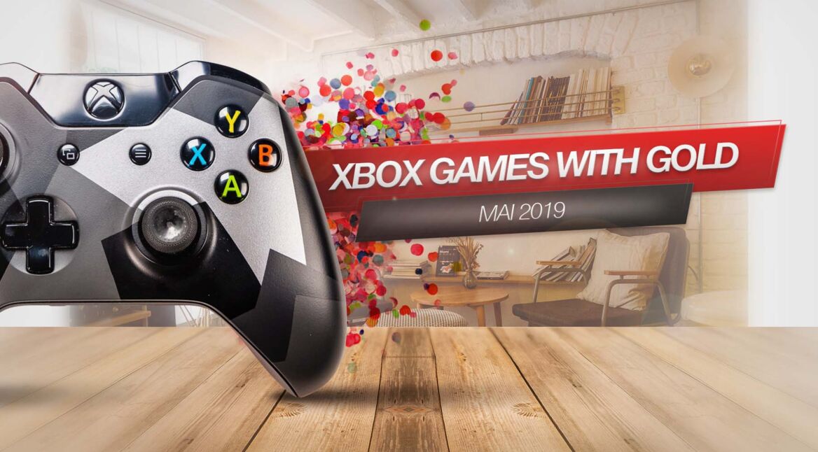 Ein Xbox-One-Controller neben einem Banner, auf dem „Xbox Games with Gold” steht.