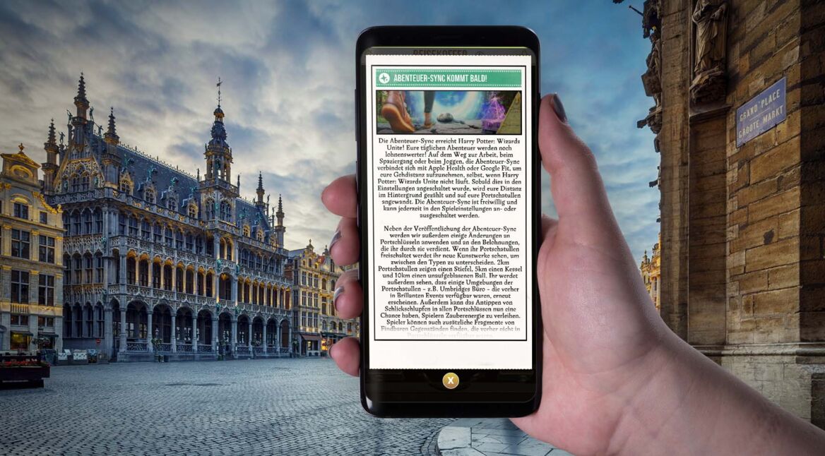 Die Ankündigung der Abenteuer-Sync in Wizards Unite am Samsung Galaxy S9+ durchlesen.