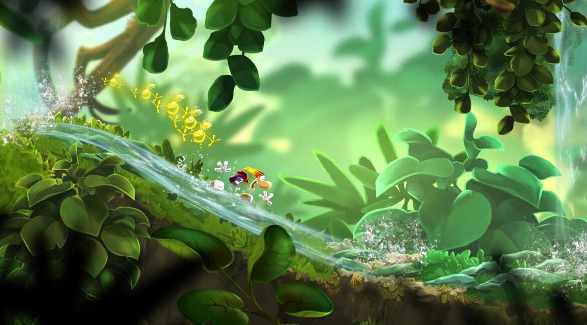 Rayman surft in Rayman Mini einen Bach entlang