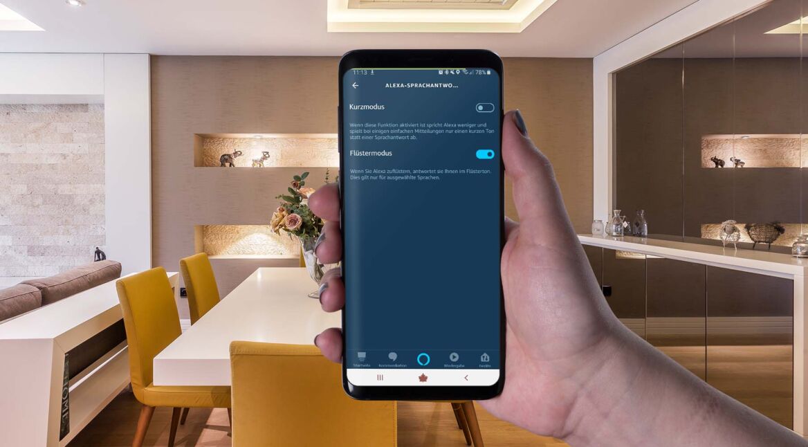 Den Alexa-Flüstermodus in der Alexa-App am Samsung Galaxy S9+ einschalten.