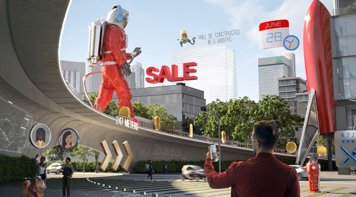 User nutzt die AR-Cloud von Scape und bekommt AR-Inhalte über sein Handy ausgespielt