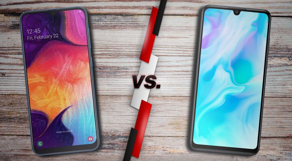 Titelbild für den Vergleich zwischen dem Samsung Galaxy A50 und Huawei P30 Lite.