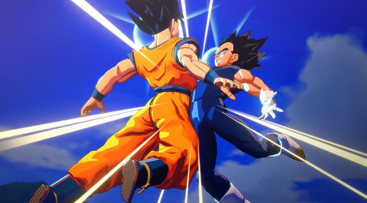 Zwei Kämpfer springen in Dragon Ball Z: Kakarot gegeneinader. Foto: Bandai