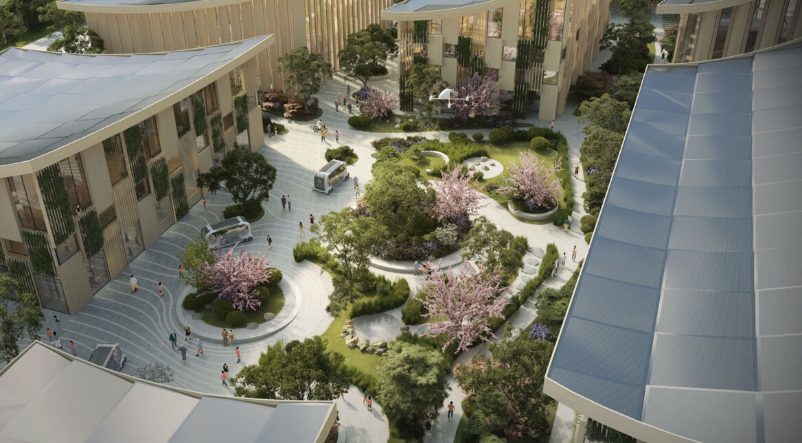 Die CGI-generierte Vision der neuen Smart City von Toyota zeigt eine Parkanlage für Fußgänger, autonom fahrende Elektrofahrzeuge und Smart Homes..