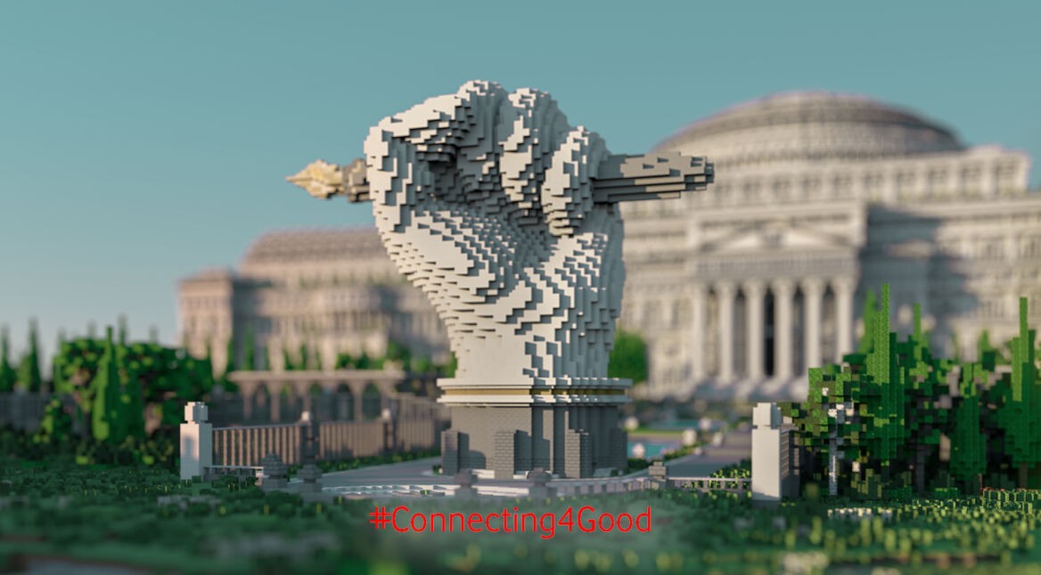 Denkmal einer Faust mit Füller in der Hand vor der Minecraft-Bibliothek
