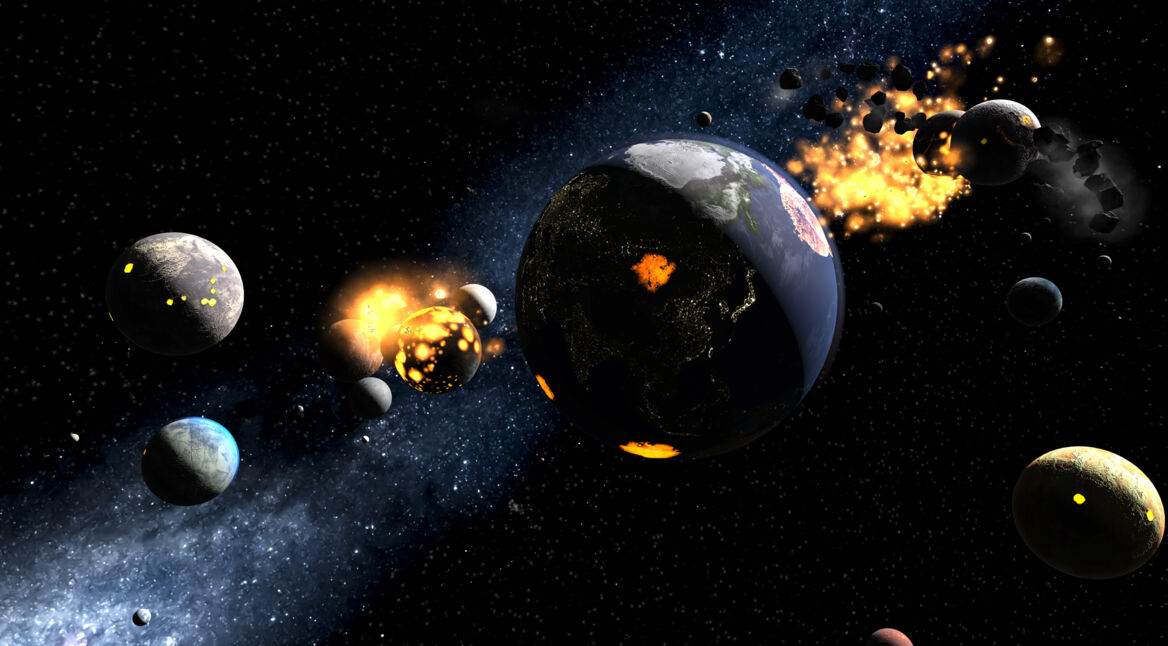 Eine virtuell simulierte Explosion der Erde in unserem Sonnensystem.