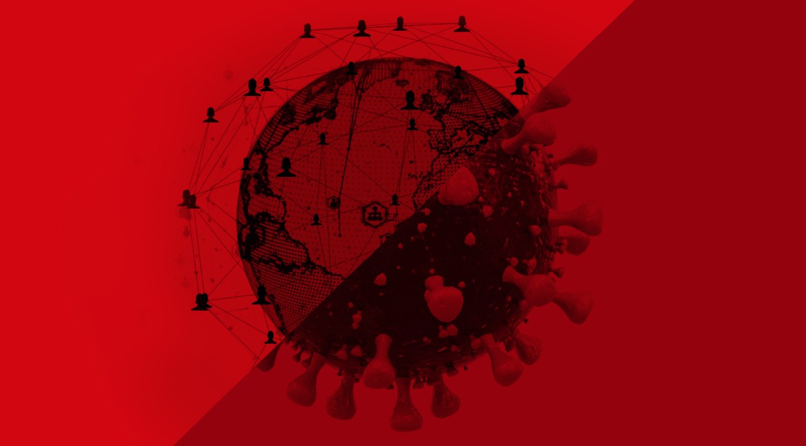 Eine Erdkugel, halb Weltkarte, halb eine Zelle, die mit vom Coronavirus befallen ist.
