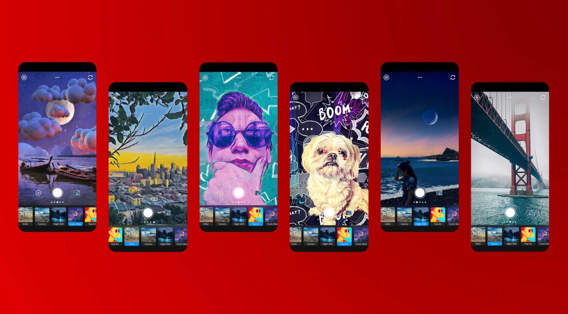 Screenshots der Adobe Photoshop Camera zeigen die verschiedenen Foto-Filter und -Effekte