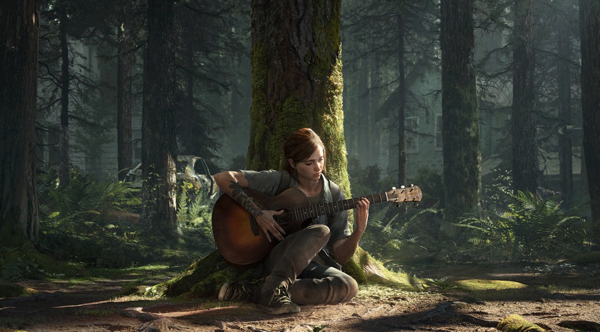Elliespielt in "The last of Us Part II" Gitarre vor einem Baum