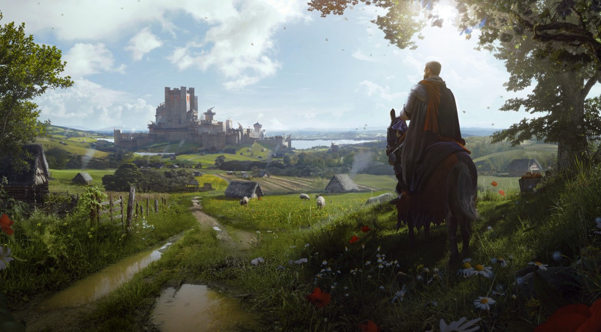 Mann auf Pferd blickt in Manor Lords auf eine Burg