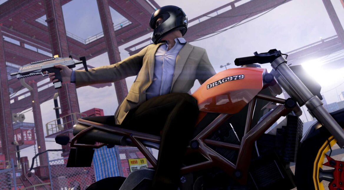 Videospiel Sleeping Dogs: Mann sitzt auf Motorrad und zielt mit Schusswaffe