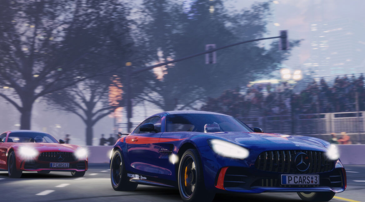 Ein Mercedes AMGGTR im Spiel "Project Cars 3" auf der Strecke in Shanghai.