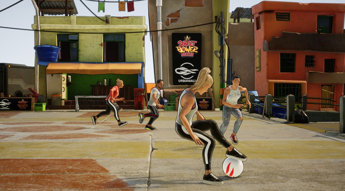 Game-Screenshot aus dem Spiel "Street Power Football": Eine weibliche SPielfigur spielt gegen Gegner auf einem Straßenfeld.