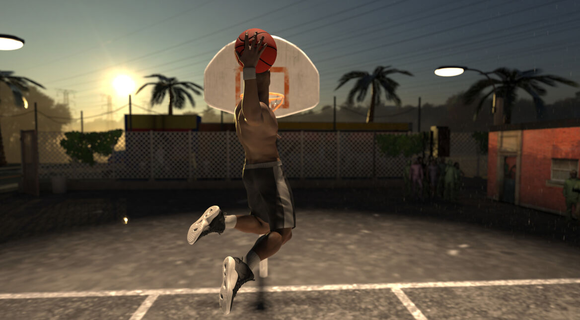 One hand dunk on street court shirtless basketball player slam dunking 3d render