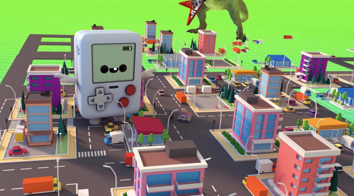 Eine 3D-Stadt, durch die sich Fantasiewesen und Objekte bewegen, wurde mit der Software "Anything World" designt.